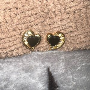 Vintage Small Gold and Black Heart 🖤 with Rhinestones Clip On Earrings